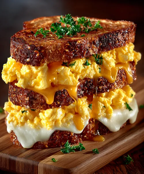 Sandwich with thick layers of eggs and melted cheese between slices of bread