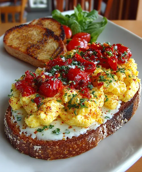 Sandwich with scrambled eggs, sun-dried tomatoes, and herbs on a plate