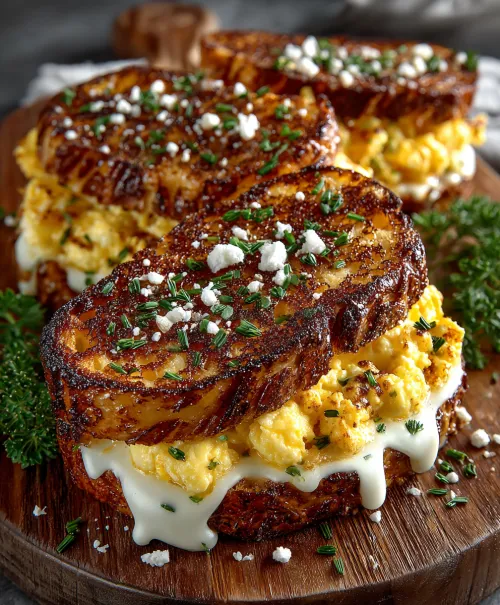 Appetizing toasts with eggs and greens on a wooden board
