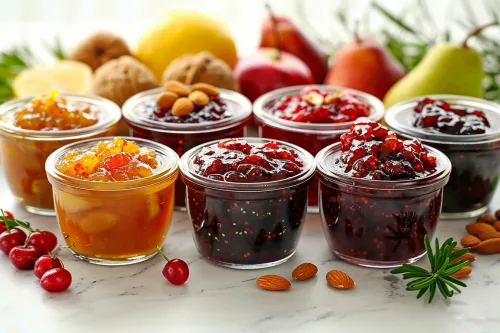 Diversos frascos de mermelada, frutas y nueces de fondo