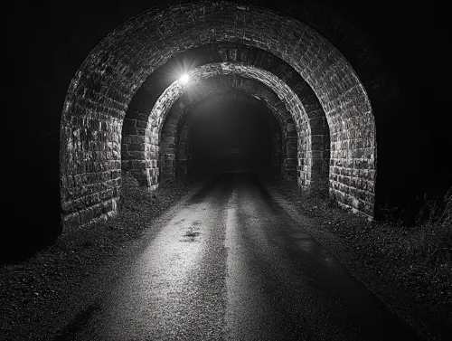 Fotografía del túnel iluminado por la luz de una linterna, en completa oscuridad