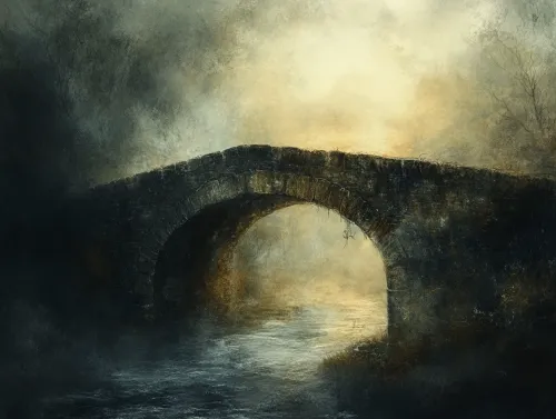 Antiguo puente de piedra en un paisaje brumoso junto al río
