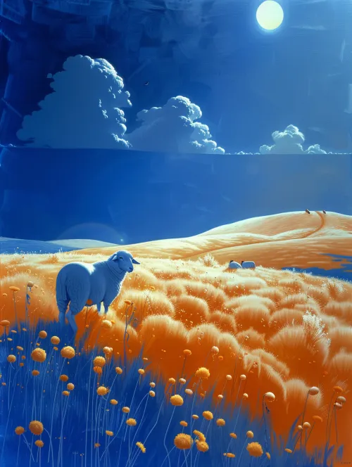 Idyllic landscape with a sheep and an unusual color palette in the sky