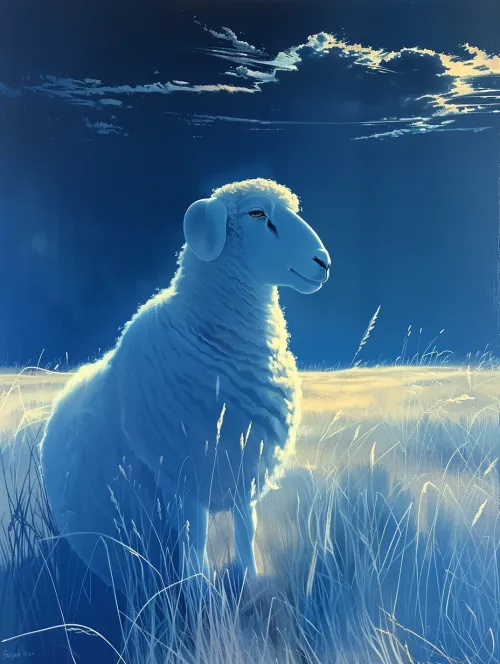 Picturesque image of a sheep among tall grass against the evening sky