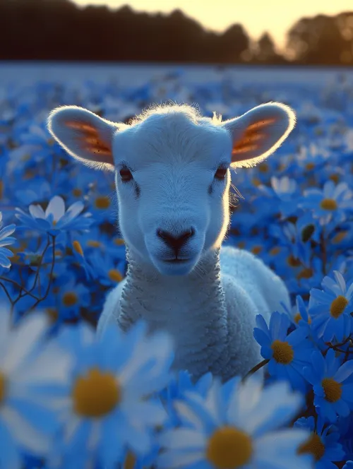 Cute sheep among blue daisies at sunset