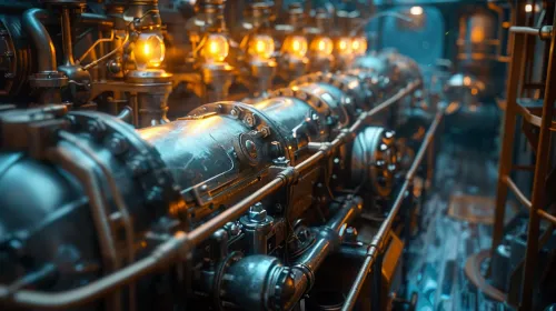 Complex system of pipes and mechanisms in steampunk style with lamps