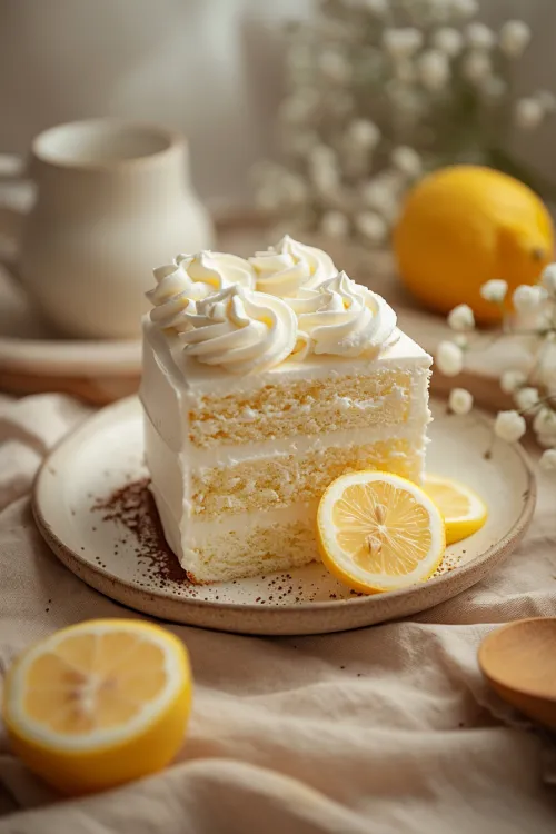 A piece of lemon cake on a plate with lemon slices and flowers