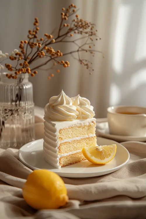 Lemon cake with cream, a slice of lemon, and a cup of tea in the background