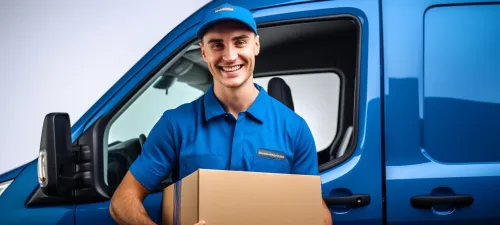 Smiling courier with a box near a blue vehicle