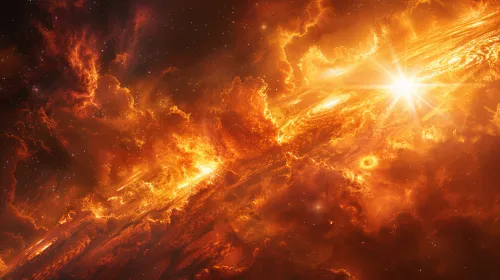 Imagen del espacio con brillantes nubes de fuego y estrellas