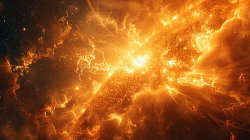 Vista del sol con intensa radiación en el oscuro espacio