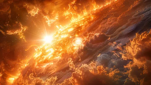 Image of the cosmos with bright light and clouds in fiery shades