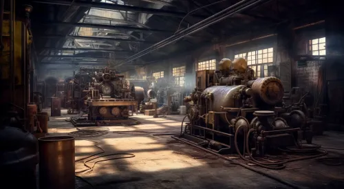 Interior de un taller industrial abandonado con máquinas oxidadas y tuberías