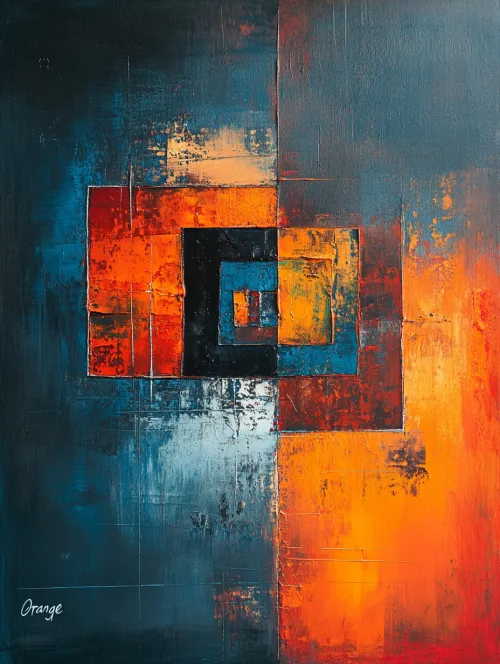 Arte abstracto con cuadrados negros, azules, naranjas y rojos