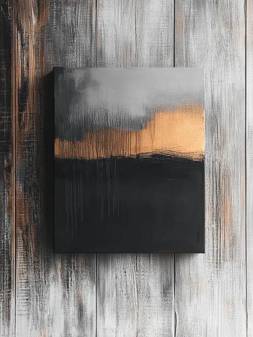 Abstract painting with silver-black colors and golden accents