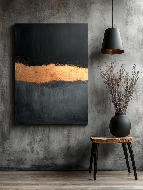 Abstract painting with a golden line on a black surface