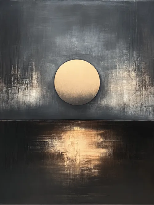 Abstract painting with a golden circle contrasting against gray and black shades