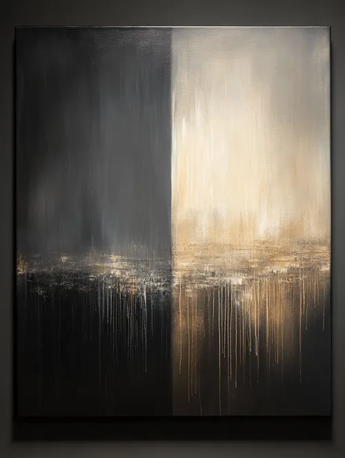 Abstract painting with black and gold accents on a background