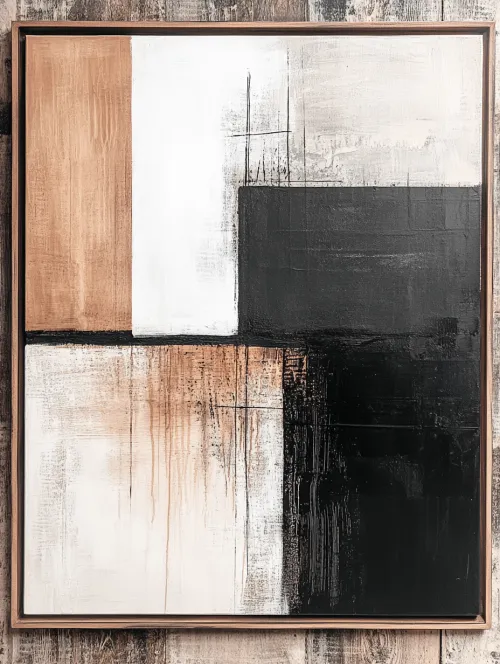 Painting with an abstract design in black, white, and beige tones