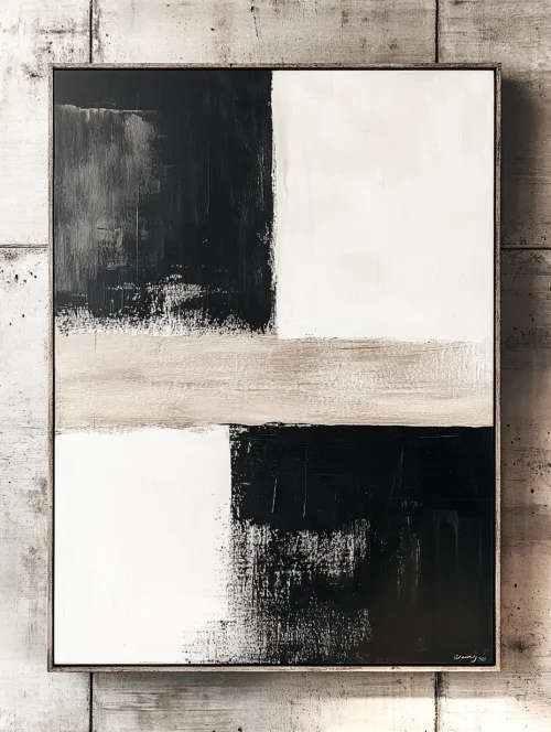 Abstract art with black and white elements on a textured background