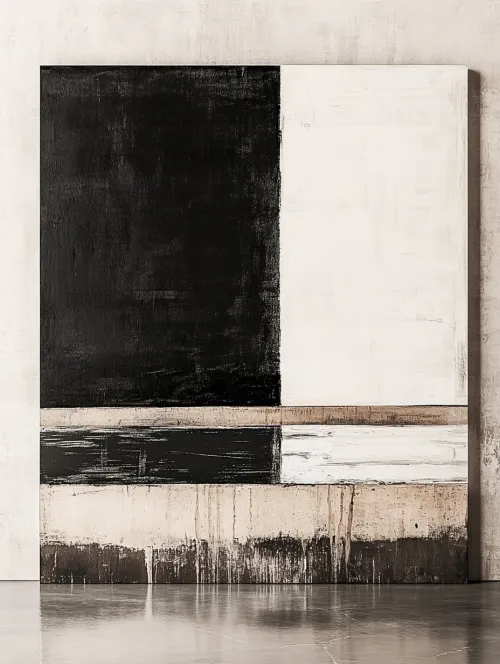 Contemporary abstract painting with black and white sections