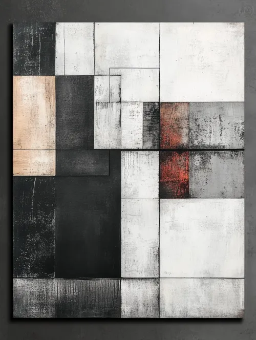 Contemporary abstract work with black and white segments and red accents