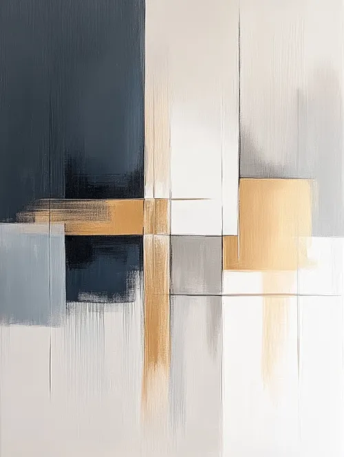 Abstract painting with geometric shapes and golden elements