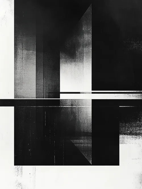 Obra gráfica en tonos blanco y negro con formas abstractas