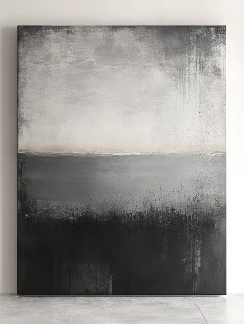 Cuadro abstracto en tonos grises y negros con textura y diseño minimalista