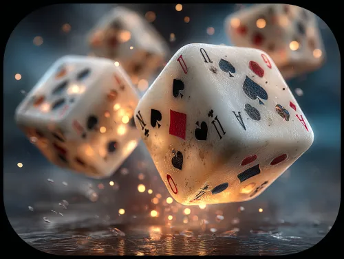 Translucent dice with playing card designs floating in the air