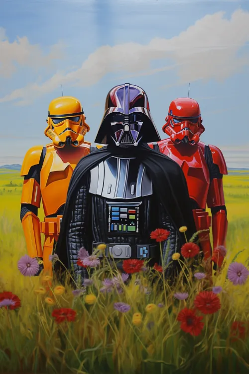 Figures of Darth Vader and stormtroopers against a blooming field