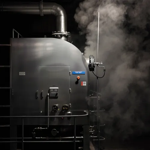 Image of a steam boiler with pipes and smoke in the background
