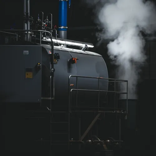 Steam boiler with a smoky outlet in a dark hangar