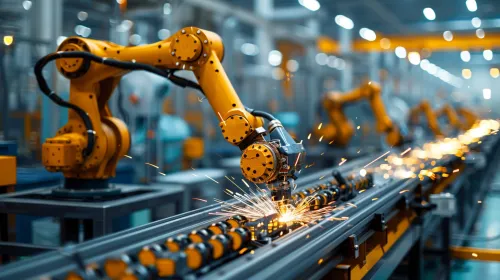 Robotic manipulators on the production line in the workshop