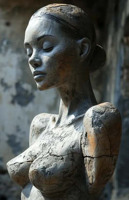 Image of a statue of a woman made of stone with closed eyes