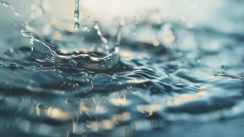 Close-up of a water droplet falling onto the surface of rippling water