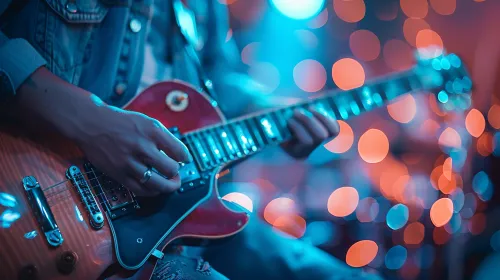 Musician playing guitar surrounded by colorful lights