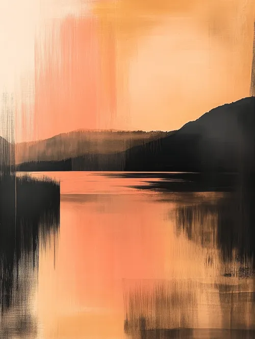 Abstract depiction of a sunset over a lake with silhouettes of mountains on the horizon