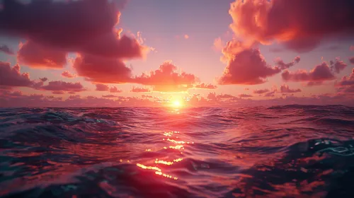 View of the sunset reflecting on the calm surface of the ocean with clouds
