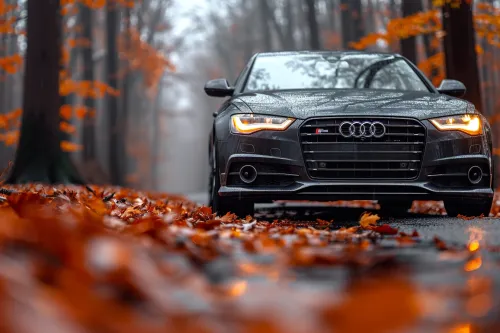 Черный автомобиль Audi на фоне осенних деревьев и мокрых листьев