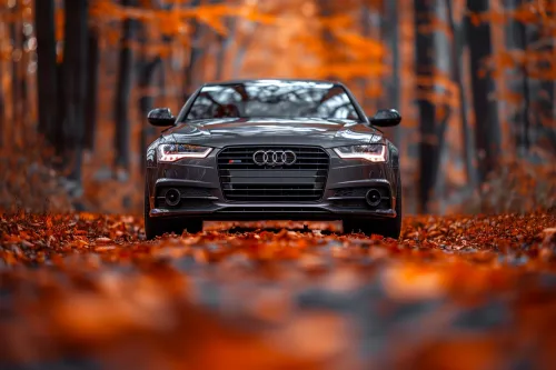 Gray Audi A6 Car Set Against an Autumn Forest