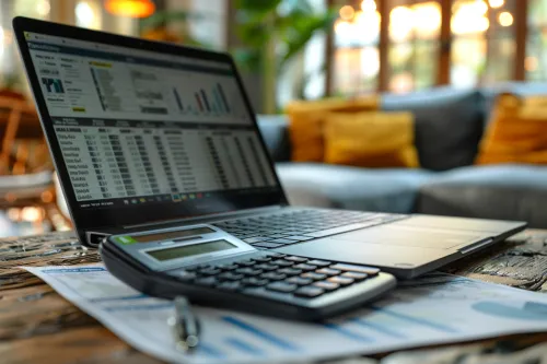 Laptop with an open spreadsheet against a cozy interior