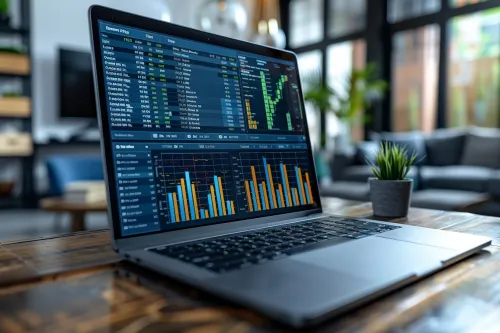 Laptop on a wooden table with data analysis graphs and financial information