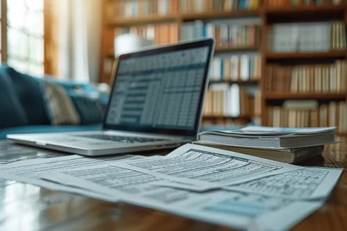 Laptop, papers, and books on a desk in a cozy room