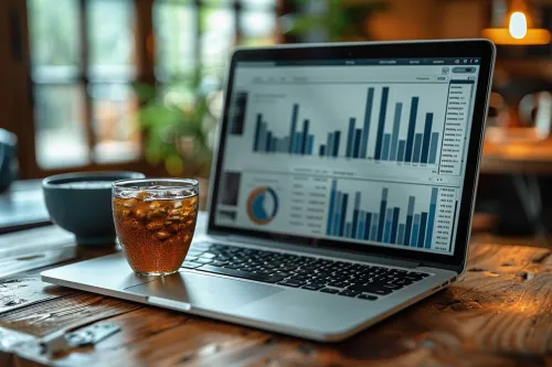 Laptop on a wooden table with graphs and a glass of drink