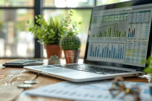 Laptop with financial graphs on the table among green plants