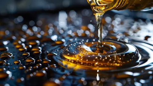 Oil slowly dripping on a black background with droplets.
