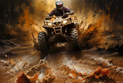 Off-road quad bike against a backdrop of flying dirt and water