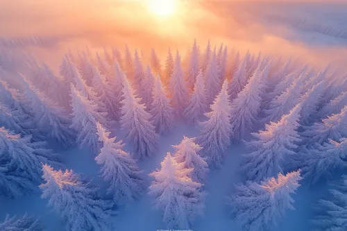Beautiful winter forest with frost on the trees at sunrise