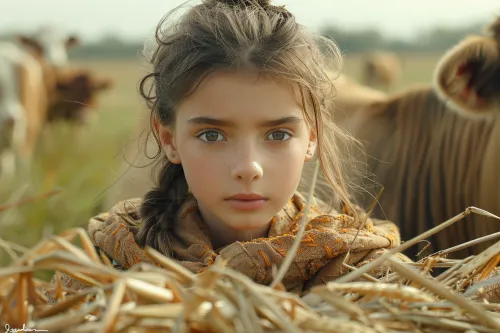 Portrait of a girl against the backdrop of cows and straw in an open field
